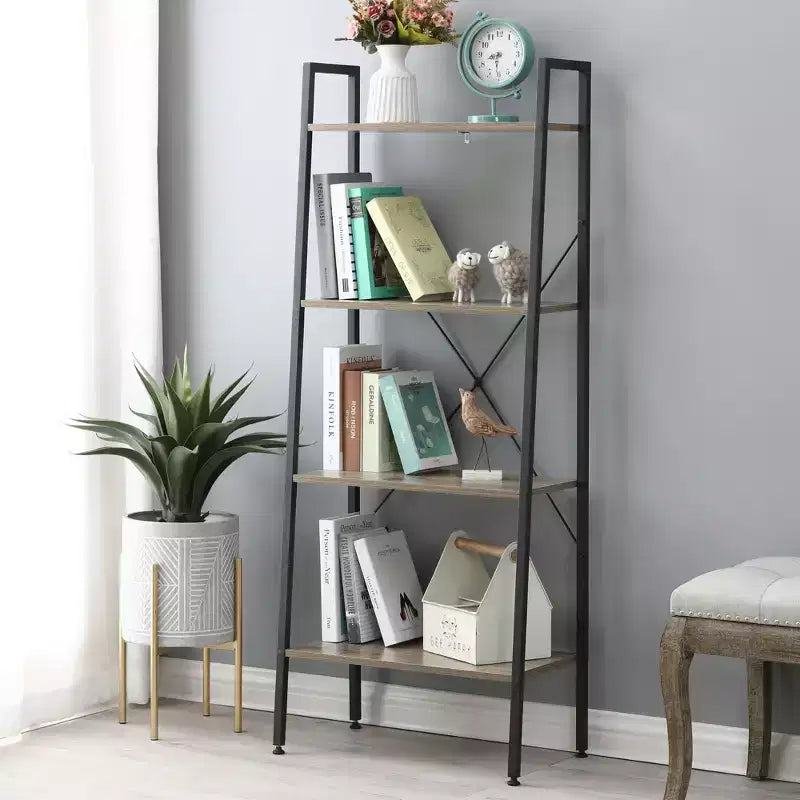 LuxenHome 4-Shelf 58.3 x 23.62 W Wood and Metal Ladder Bookcase. Brown