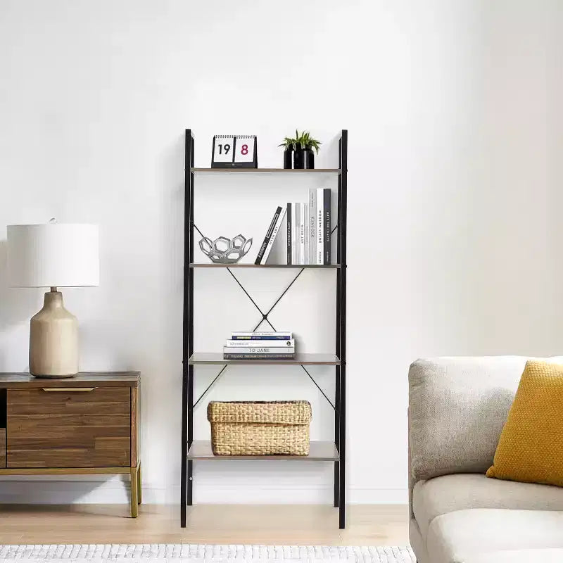 LuxenHome 4-Shelf 58.3 x 23.62 W Wood and Metal Ladder Bookcase. Brown