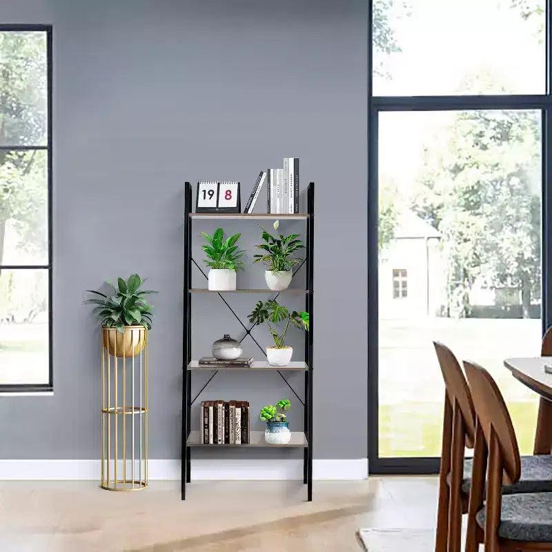 LuxenHome 4-Shelf 58.3 x 23.62 W Wood and Metal Ladder Bookcase. Brown