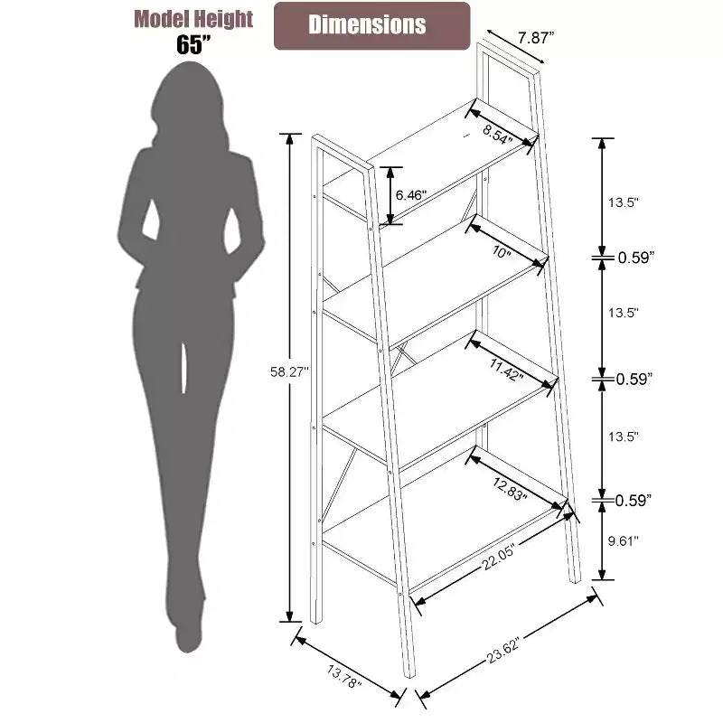 LuxenHome 4-Shelf 58.3 x 23.62 W Wood and Metal Ladder Bookcase. Brown