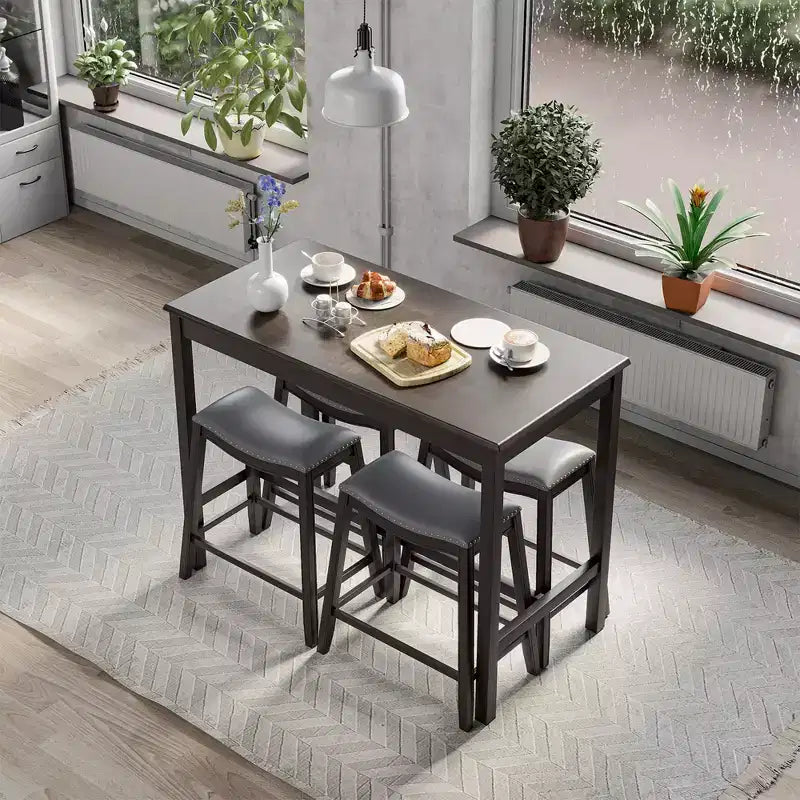 Costway 5PCS Bar Table Set Counter Height Table & Upholstered Saddle Stools Set for 4