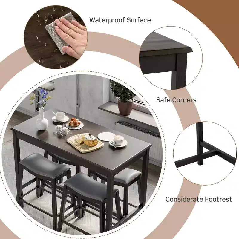 Costway 5PCS Bar Table Set Counter Height Table & Upholstered Saddle Stools Set for 4
