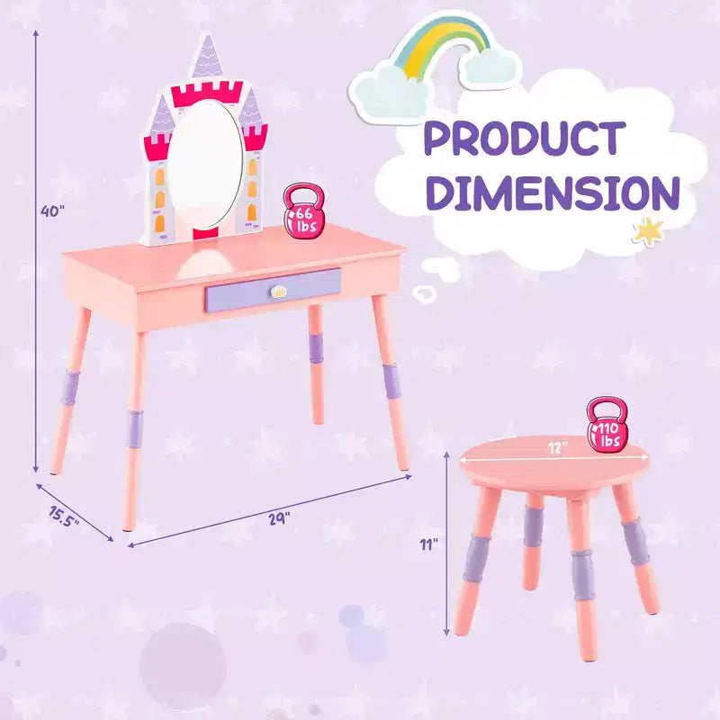 Costway Kids Vanity Set Princess Makeup Pretend Play Dressing Mirror Castle Girls Pink