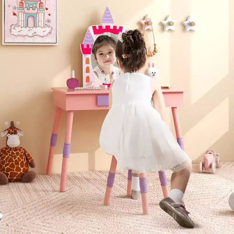 Costway Kids Vanity Set Princess Makeup Pretend Play Dressing Mirror Castle Girls Pink