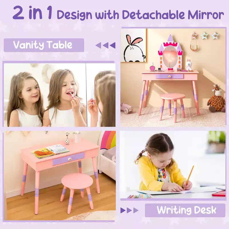 Costway Kids Vanity Set Princess Makeup Pretend Play Dressing Mirror Castle Girls Pink