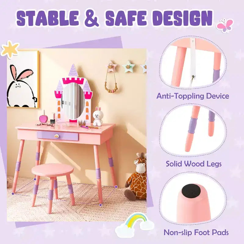 Costway Kids Vanity Set Princess Makeup Pretend Play Dressing Mirror Castle Girls Pink