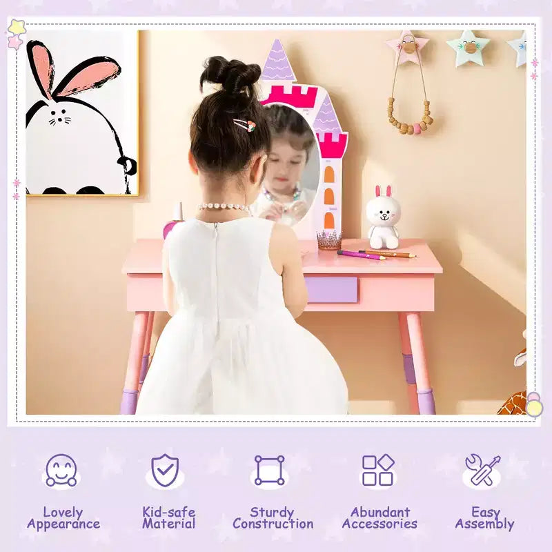 Costway Kids Vanity Set Princess Makeup Pretend Play Dressing Mirror Castle Girls Pink