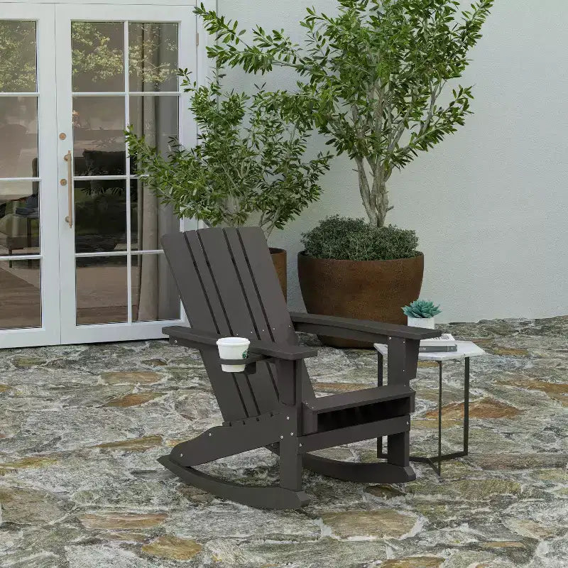 Merrick Lane HDPE Adirondack Chair with Cup Holder and Pull Out Ottoman, All-Weather HDPE Indoor/Outdoor Chair