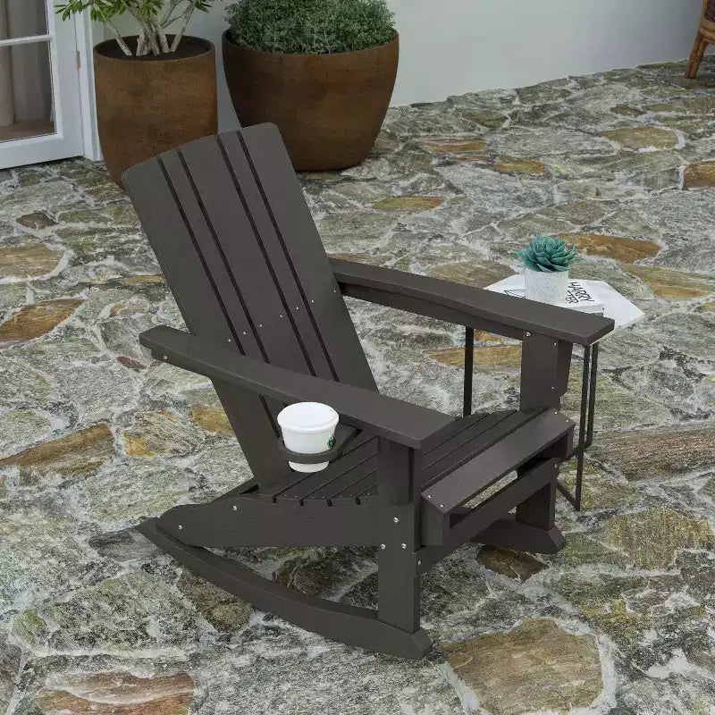 Merrick Lane HDPE Adirondack Chair with Cup Holder and Pull Out Ottoman, All-Weather HDPE Indoor/Outdoor Chair