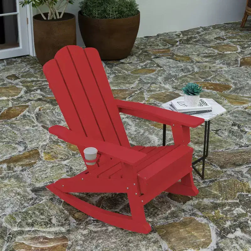 Merrick Lane HDPE Adirondack Chair with Cup Holder and Pull Out Ottoman, All-Weather HDPE Indoor/Outdoor Chair