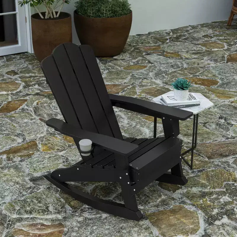 Merrick Lane HDPE Adirondack Chair with Cup Holder and Pull Out Ottoman, All-Weather HDPE Indoor/Outdoor Chair