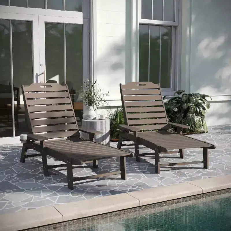 Merrick Lane Gaylord Set of 2 Adjustable Adirondack Loungers with Cup Holders- All-Weather Indoor/Outdoor HDPE Lounge Chairs