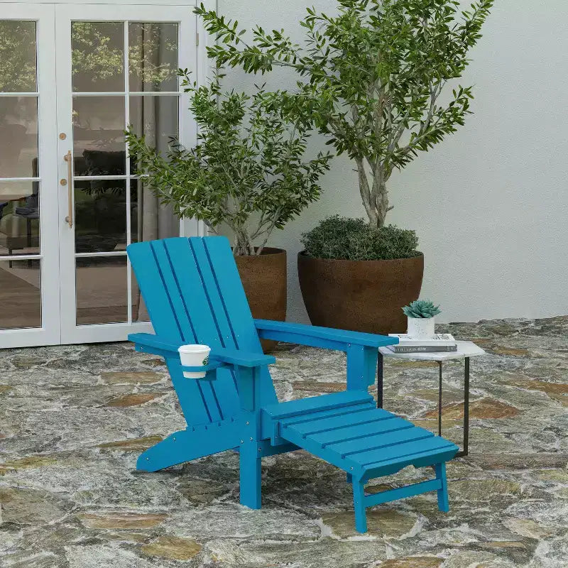 Merrick Lane HDPE Adirondack Chair with Cup Holder and Pull Out Ottoman, All-Weather HDPE Indoor/Outdoor Lounge Chair