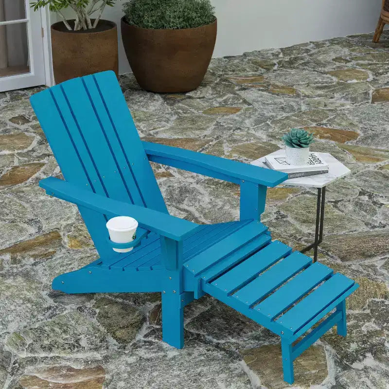 Merrick Lane HDPE Adirondack Chair with Cup Holder and Pull Out Ottoman, All-Weather HDPE Indoor/Outdoor Lounge Chair