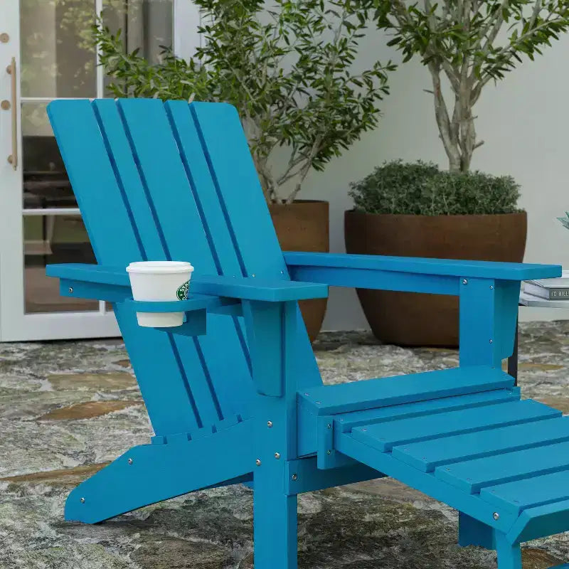 Merrick Lane HDPE Adirondack Chair with Cup Holder and Pull Out Ottoman, All-Weather HDPE Indoor/Outdoor Lounge Chair