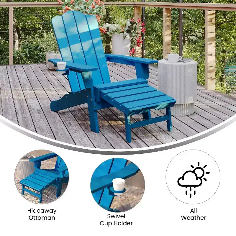 Merrick Lane HDPE Adirondack Chair with Cup Holder and Pull Out Ottoman, All-Weather HDPE Indoor/Outdoor Lounge Chair