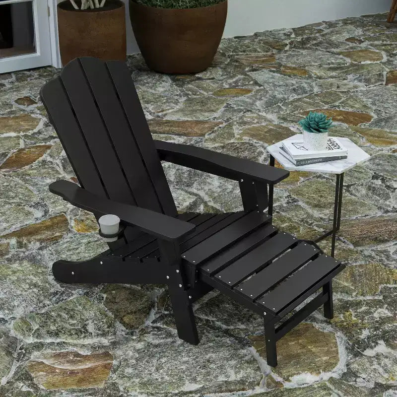 Merrick Lane HDPE Adirondack Chair with Cup Holder and Pull Out Ottoman, All-Weather HDPE Indoor/Outdoor Lounge Chair