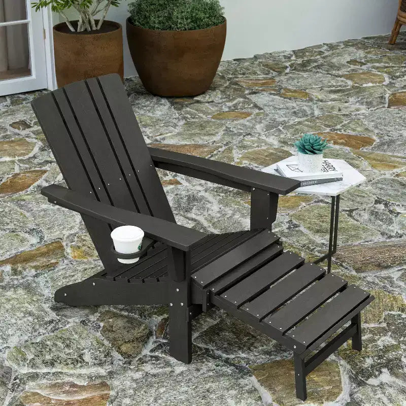 Merrick Lane HDPE Adirondack Chair with Cup Holder and Pull Out Ottoman, All-Weather HDPE Indoor/Outdoor Lounge Chair