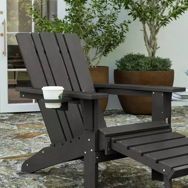 Merrick Lane HDPE Adirondack Chair with Cup Holder and Pull Out Ottoman, All-Weather HDPE Indoor/Outdoor Lounge Chair