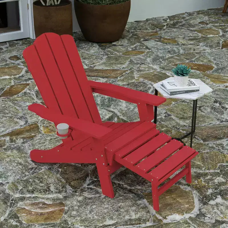 Merrick Lane HDPE Adirondack Chair with Cup Holder and Pull Out Ottoman, All-Weather HDPE Indoor/Outdoor Lounge Chair