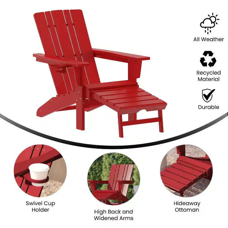 Merrick Lane HDPE Adirondack Chair with Cup Holder and Pull Out Ottoman, All-Weather HDPE Indoor/Outdoor Lounge Chair