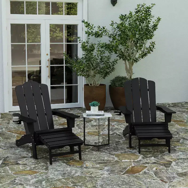 Merrick Lane HDPE Adirondack Chair with Cup Holder and Pull Out Ottoman, All-Weather HDPE Indoor/Outdoor Lounge Chair