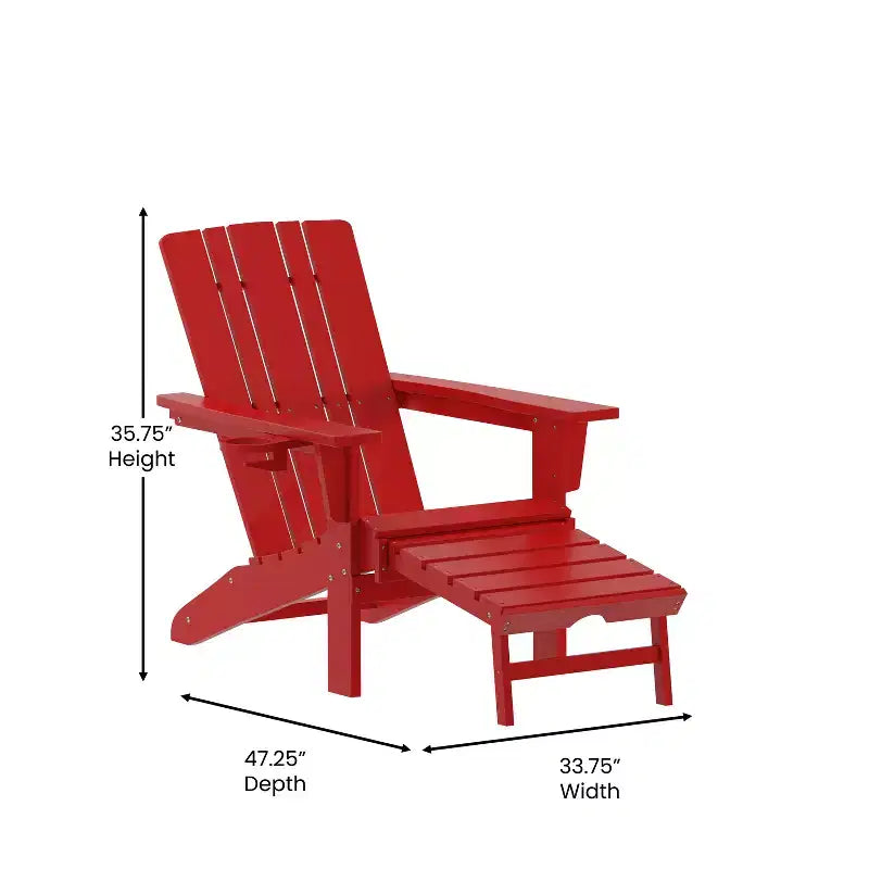 Merrick Lane HDPE Adirondack Chair with Cup Holder and Pull Out Ottoman, All-Weather HDPE Indoor/Outdoor Lounge Chair