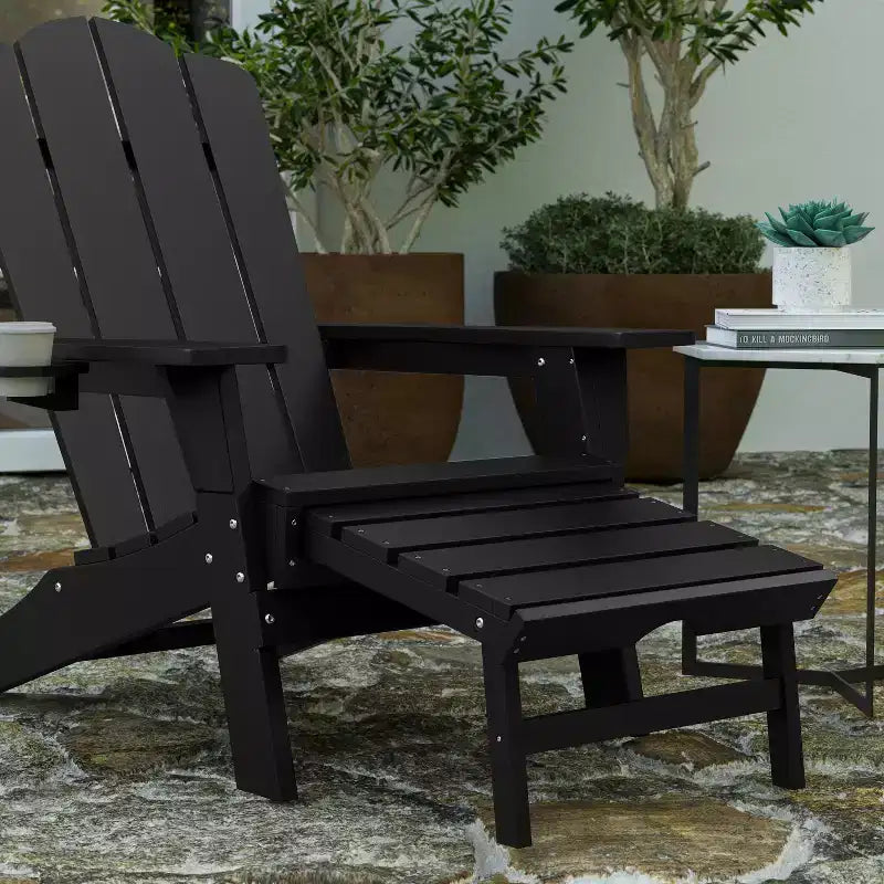Merrick Lane HDPE Adirondack Chair with Cup Holder and Pull Out Ottoman, All-Weather HDPE Indoor/Outdoor Lounge Chair