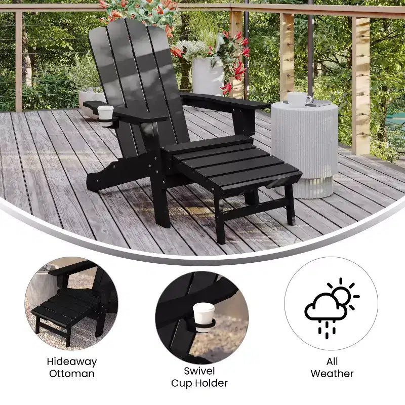 Merrick Lane HDPE Adirondack Chair with Cup Holder and Pull Out Ottoman, All-Weather HDPE Indoor/Outdoor Lounge Chair