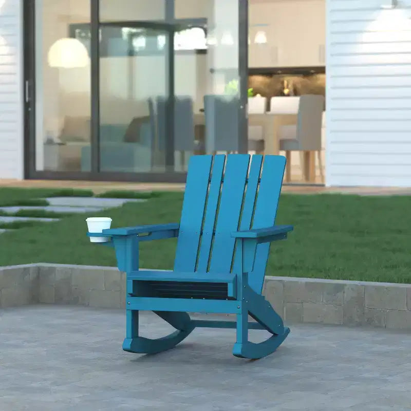 Emma and Oliver Adirondack Rocking Chair with Cup Holder, Weather Resistant HDPE Adirondack Rocking Chair