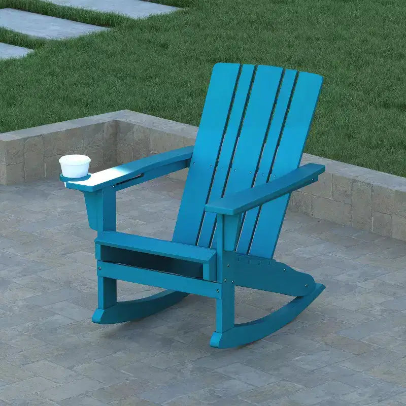 Emma and Oliver Adirondack Rocking Chair with Cup Holder, Weather Resistant HDPE Adirondack Rocking Chair