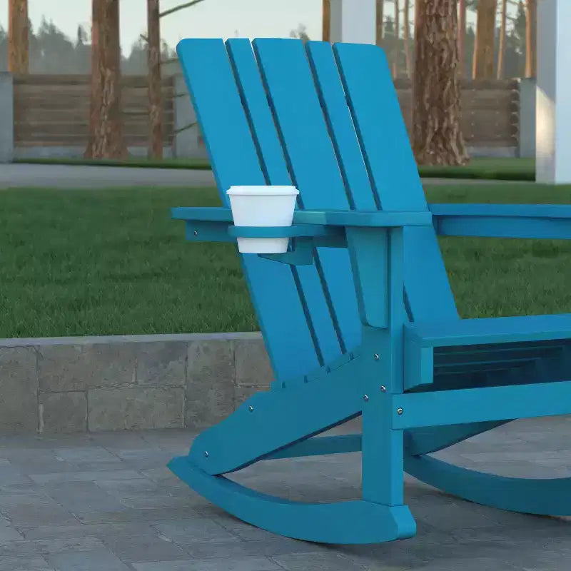 Emma and Oliver Adirondack Rocking Chair with Cup Holder, Weather Resistant HDPE Adirondack Rocking Chair
