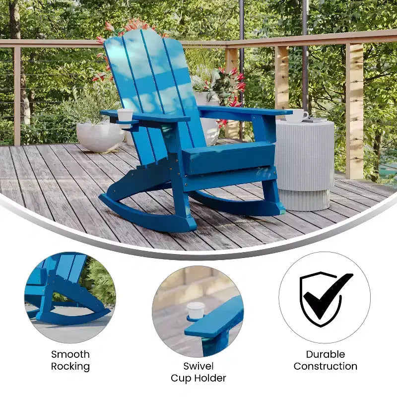 Emma and Oliver Adirondack Rocking Chair with Cup Holder, Weather Resistant HDPE Adirondack Rocking Chair