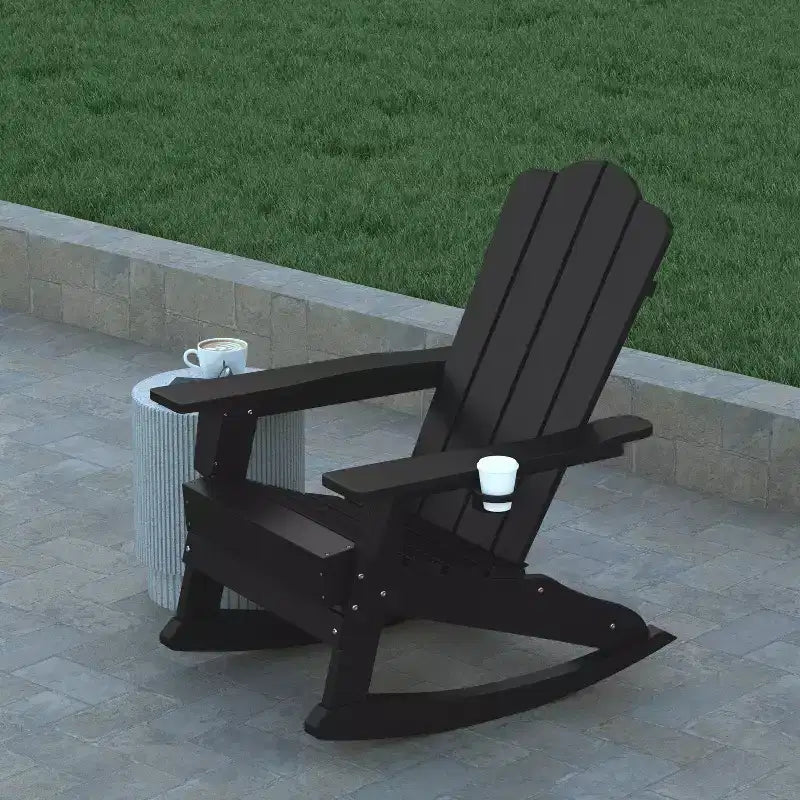 Emma and Oliver Adirondack Rocking Chair with Cup Holder, Weather Resistant HDPE Adirondack Rocking Chair