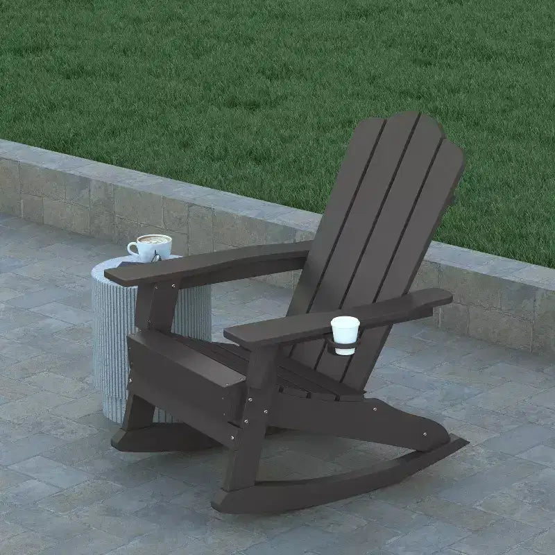 Emma and Oliver Adirondack Rocking Chair with Cup Holder, Weather Resistant HDPE Adirondack Rocking Chair