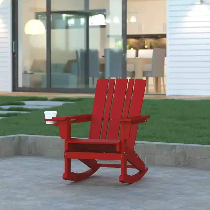 Emma and Oliver Adirondack Rocking Chair with Cup Holder, Weather Resistant HDPE Adirondack Rocking Chair