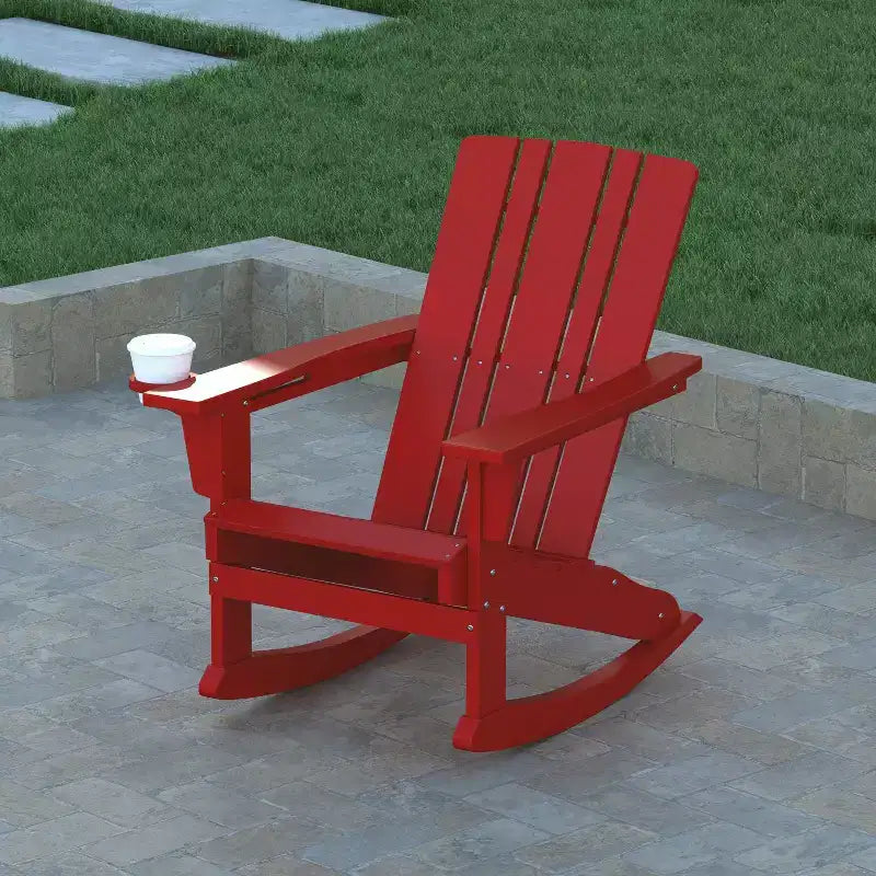Emma and Oliver Adirondack Rocking Chair with Cup Holder, Weather Resistant HDPE Adirondack Rocking Chair