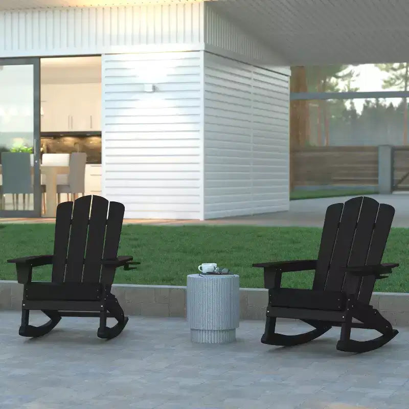 Emma and Oliver Adirondack Rocking Chair with Cup Holder, Weather Resistant HDPE Adirondack Rocking Chair