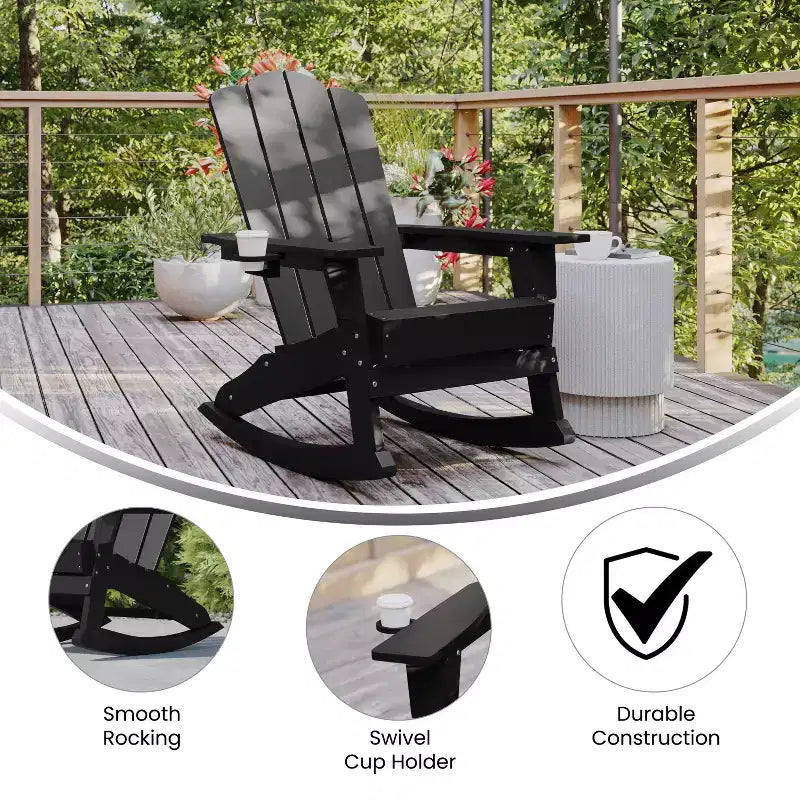 Emma and Oliver Adirondack Rocking Chair with Cup Holder, Weather Resistant HDPE Adirondack Rocking Chair