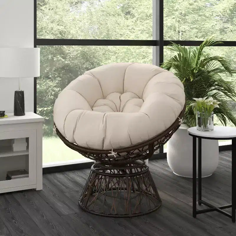 Merrick Lane Papasan Style Woven Wicker Swivel Patio Chair with Removable All-Weather Cushion