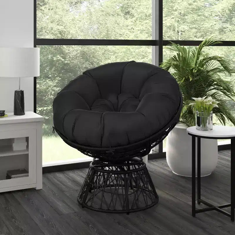 Merrick Lane Papasan Style Woven Wicker Swivel Patio Chair with Removable All-Weather Cushion