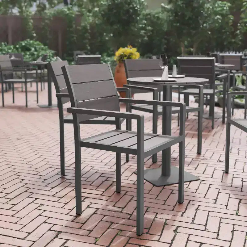 Flash Furniture Finch Commercial Grade Patio Chair with Arms, Stackable Side Chair with Faux Teak Poly Slats and Metal Frame
