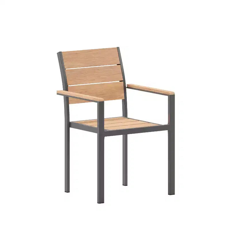 Flash Furniture Finch Sedia da Patio di Grado Commerciale con Braccioli, Sedia Laterale Impilabile con Listelli in Polietilene Effetto Teak e Struttura in Metallo