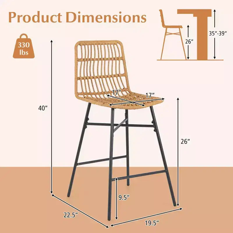 Costway Set of 2 Rattan Bar Stools Counter Height Dining Chairs with Metal Legs Natural