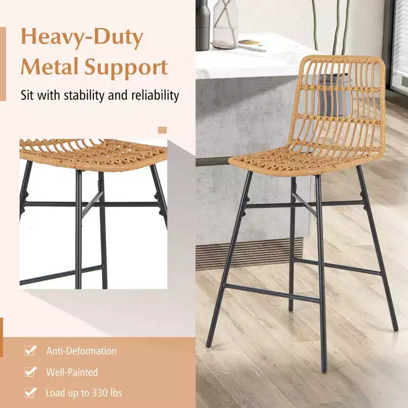 Costway Set of 2 Rattan Bar Stools Counter Height Dining Chairs with Metal Legs Natural
