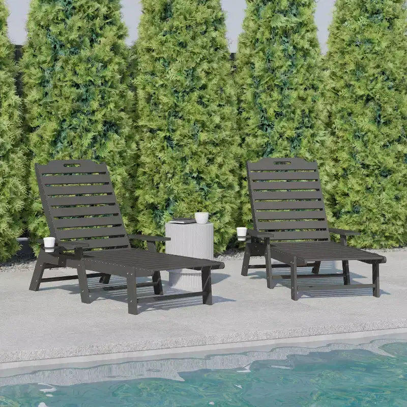 Flash Furniture Monterey Set of 2 Adjustable Adirondack Loungers with Cup Holders- All-Weather Indoor/Outdoor HDPE Lounge Chairs