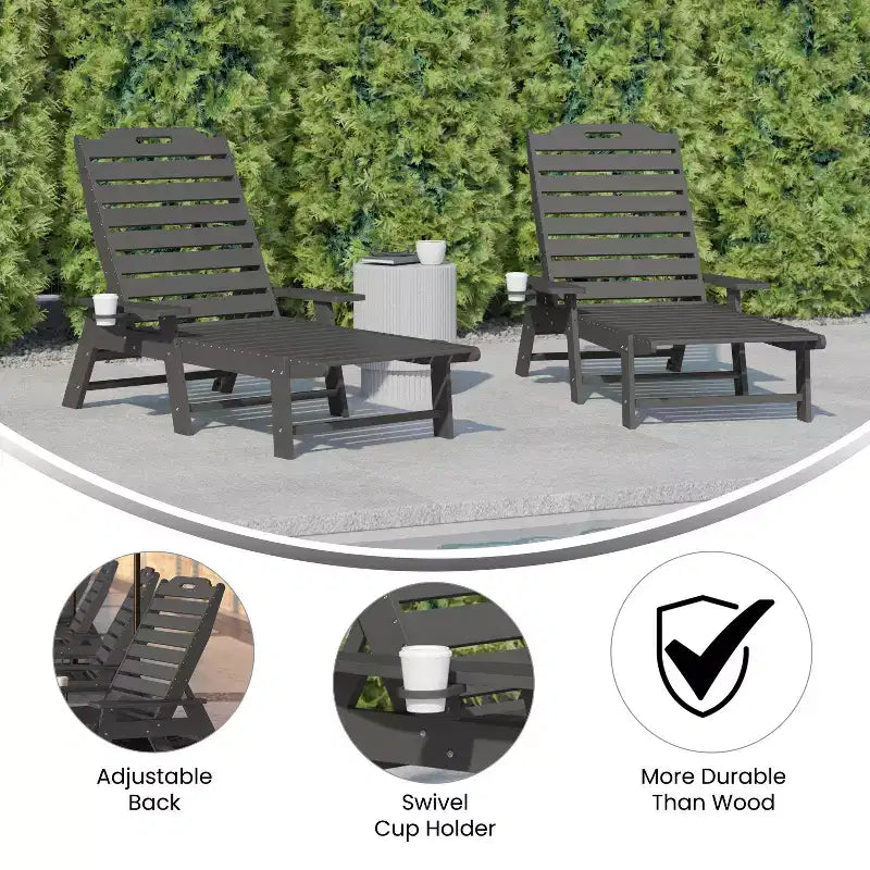 Flash Furniture Monterey Set of 2 Adjustable Adirondack Loungers with Cup Holders- All-Weather Indoor/Outdoor HDPE Lounge Chairs