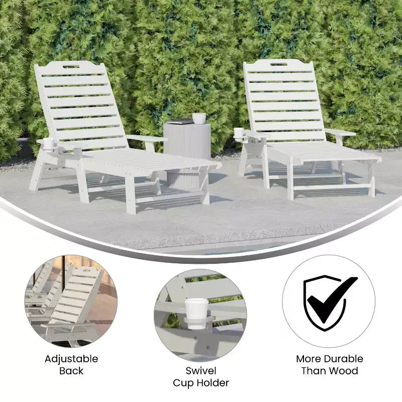 Flash Furniture Monterey Set of 2 Adjustable Adirondack Loungers with Cup Holders- All-Weather Indoor/Outdoor HDPE Lounge Chairs