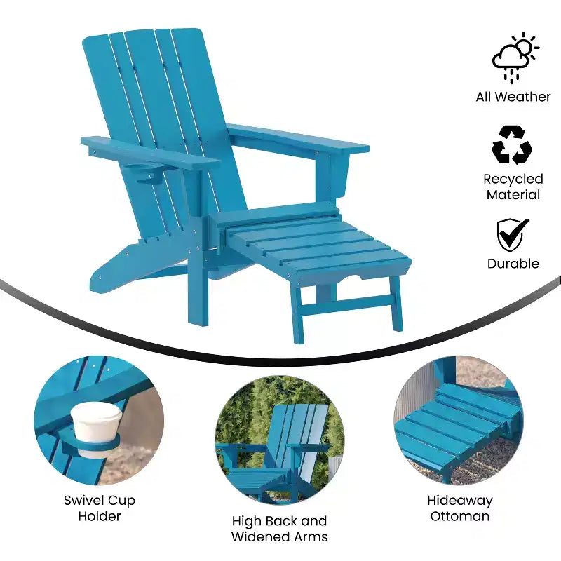 Flash Furniture Halifax HDPE Adirondack Chair with Cup Holder and Pull Out Ottoman, All-Weather HDPE Indoor/Outdoor Lounge Chair