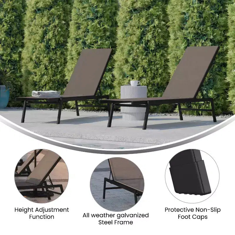Flash Furniture Brazos Set of 2 Adjustable Chaise Lounge Chairs All-Weather Outdoor Five-Position Recliners